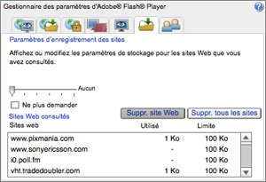 Screenshot du gestionnaire des paramètres d'Adobe Flash Player